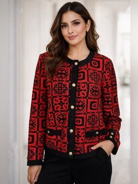 Vintage 70s Stuart Alan Quilted Tapestry Jacket Red Black Gold Buttons USA Made